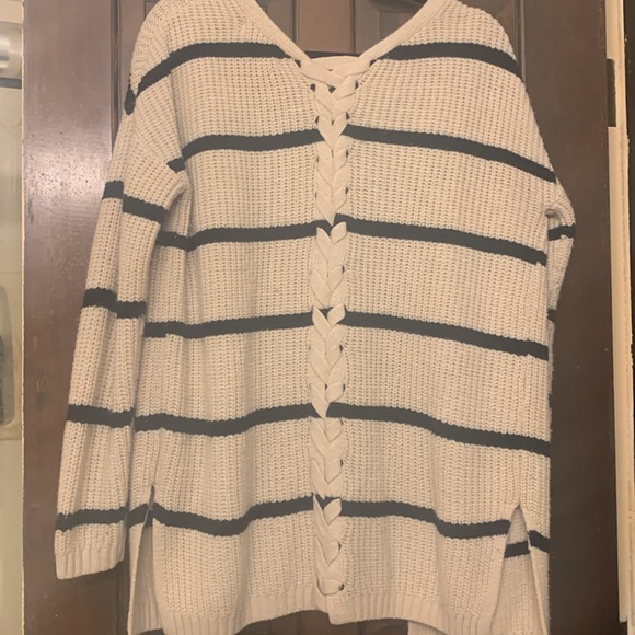 Pink Rose cream w/ black stripes cardigan cute braid detail on back, size L. - Picture 3 of 5